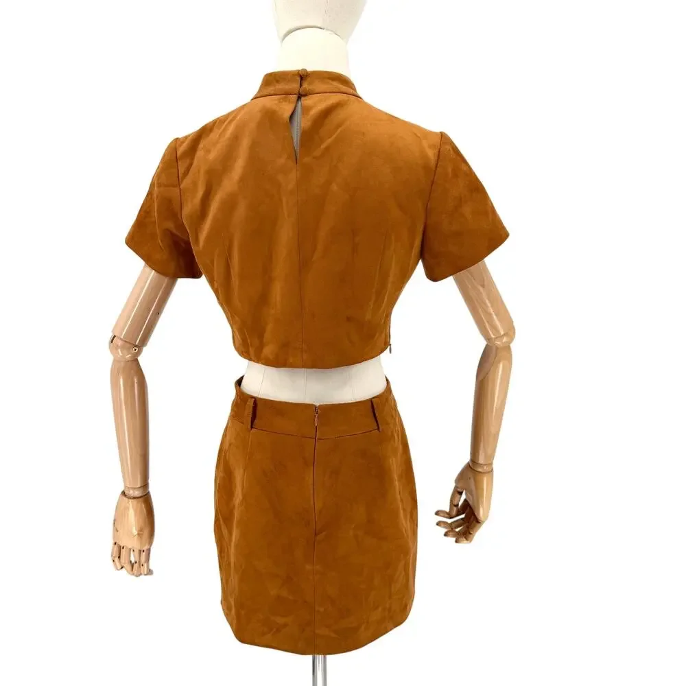 New JW PEI Brown Faux Suede Two Piece Crop Top Mini Skirt Set - Picture 5 of 10